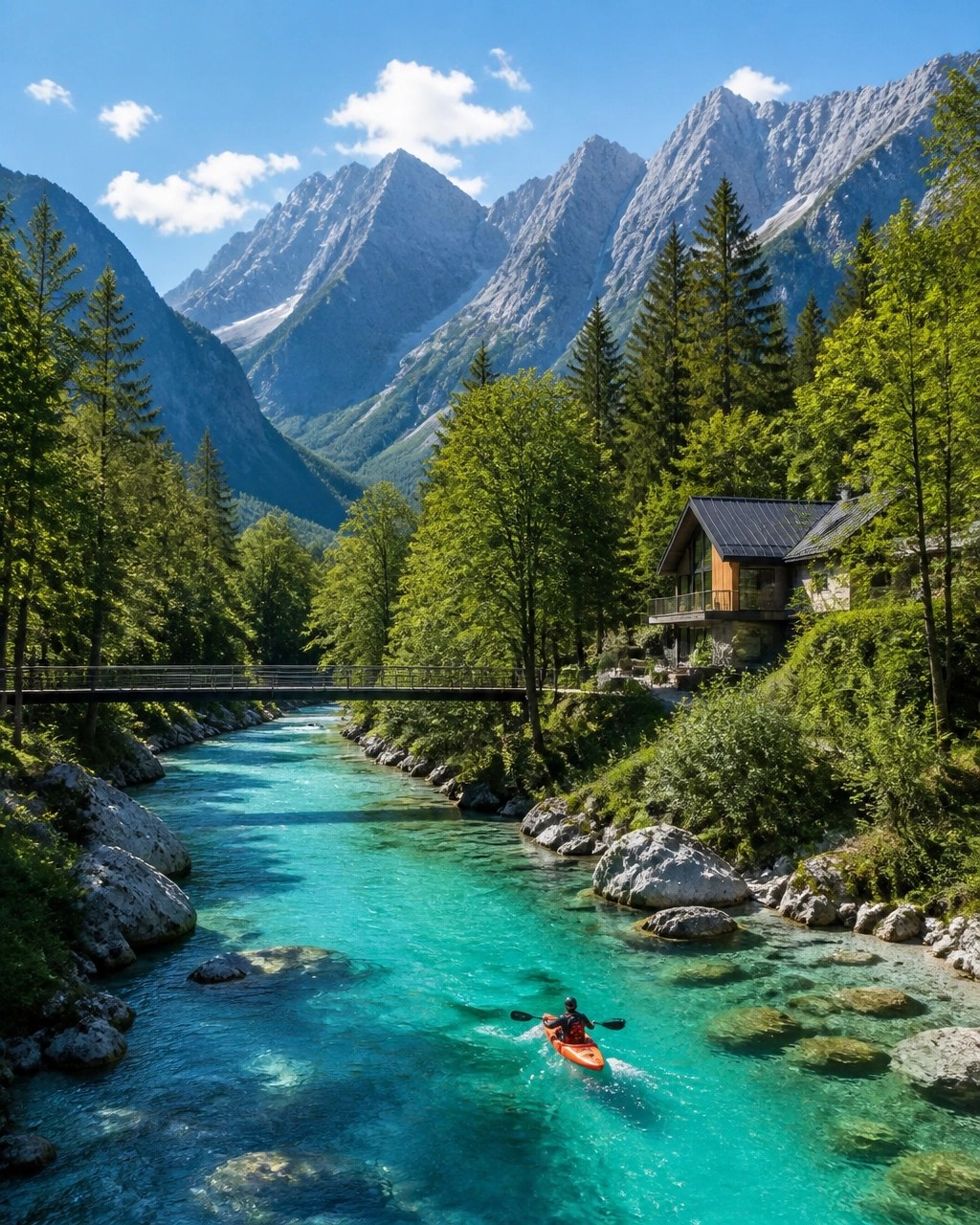 The emerald Soča River flowing through Slovenia’s Julian Alps