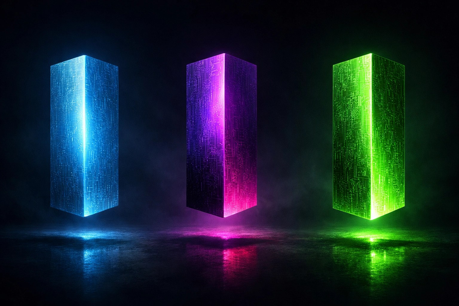 Three glowing geometric pillars representing expertise in scaling WordPress, Webflow, and Shopify projects.