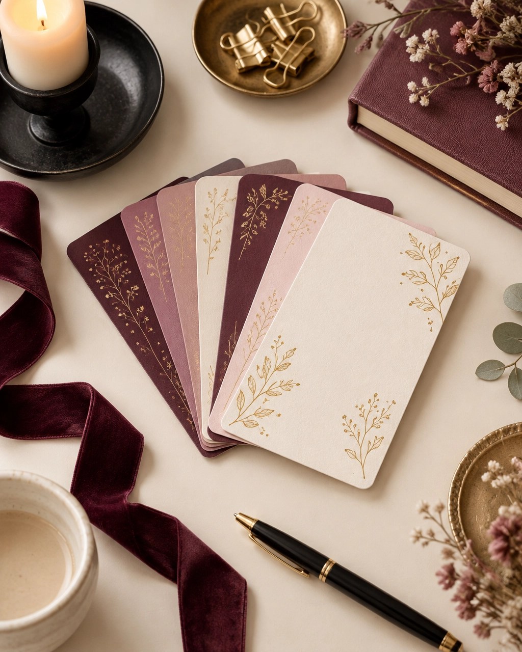 Burgundy journal and Bible with black metal pen, antique-gold details, and soft autumn styling