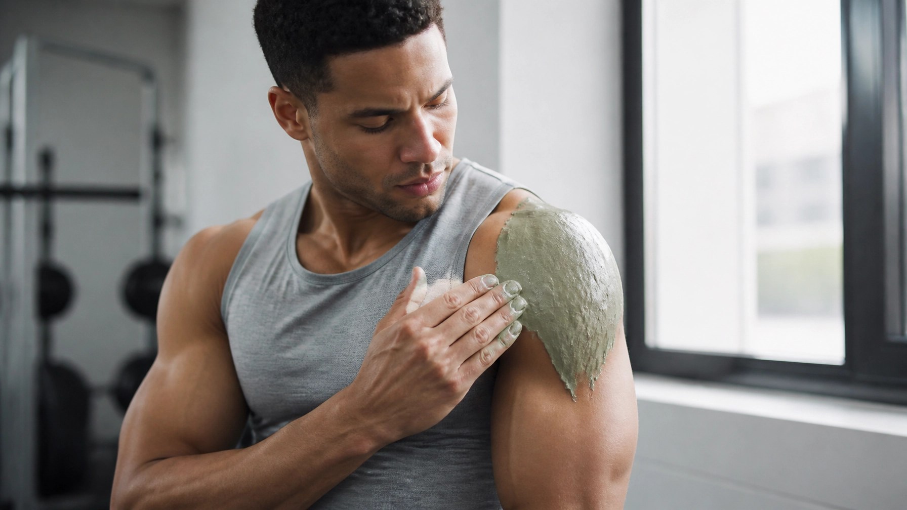 Athlete applying green clay to a sore shoulder for sports recovery