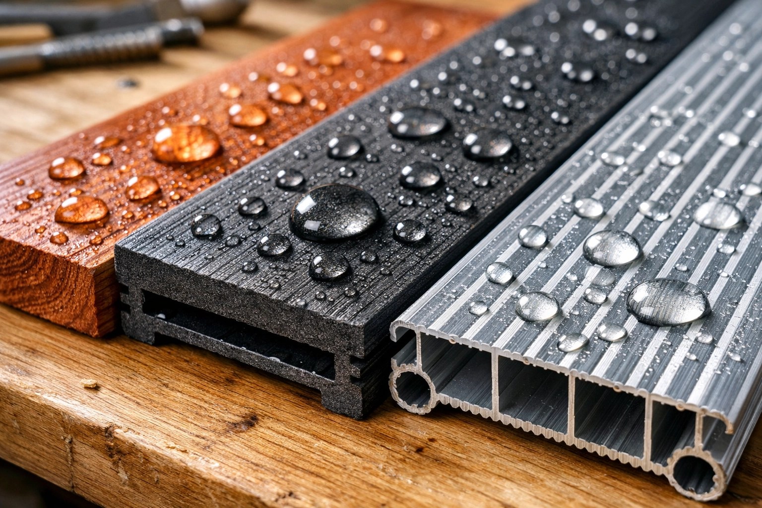 Échantillons de bois de cèdre, composite et aluminium pour le plancher d'une terrasse.