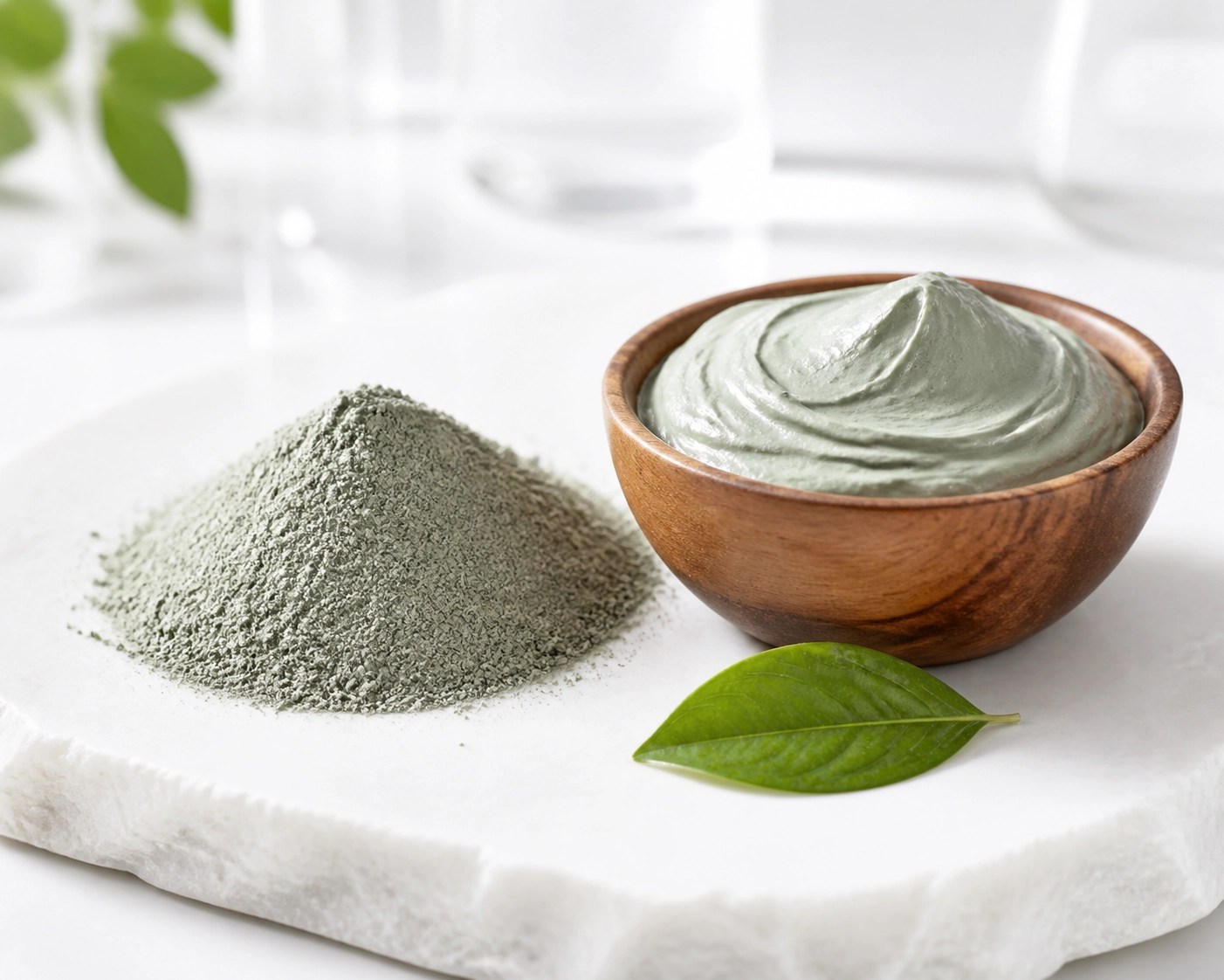 Pure French green clay powder and mixed paste representing high-quality laboratory-tested mineral purity.
