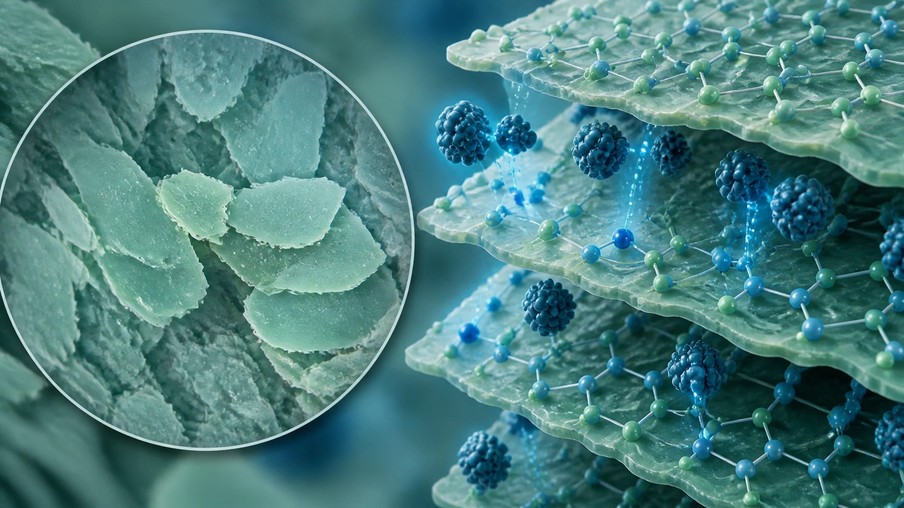 Stylized 3D molecular structure of clay particles showing negative charges