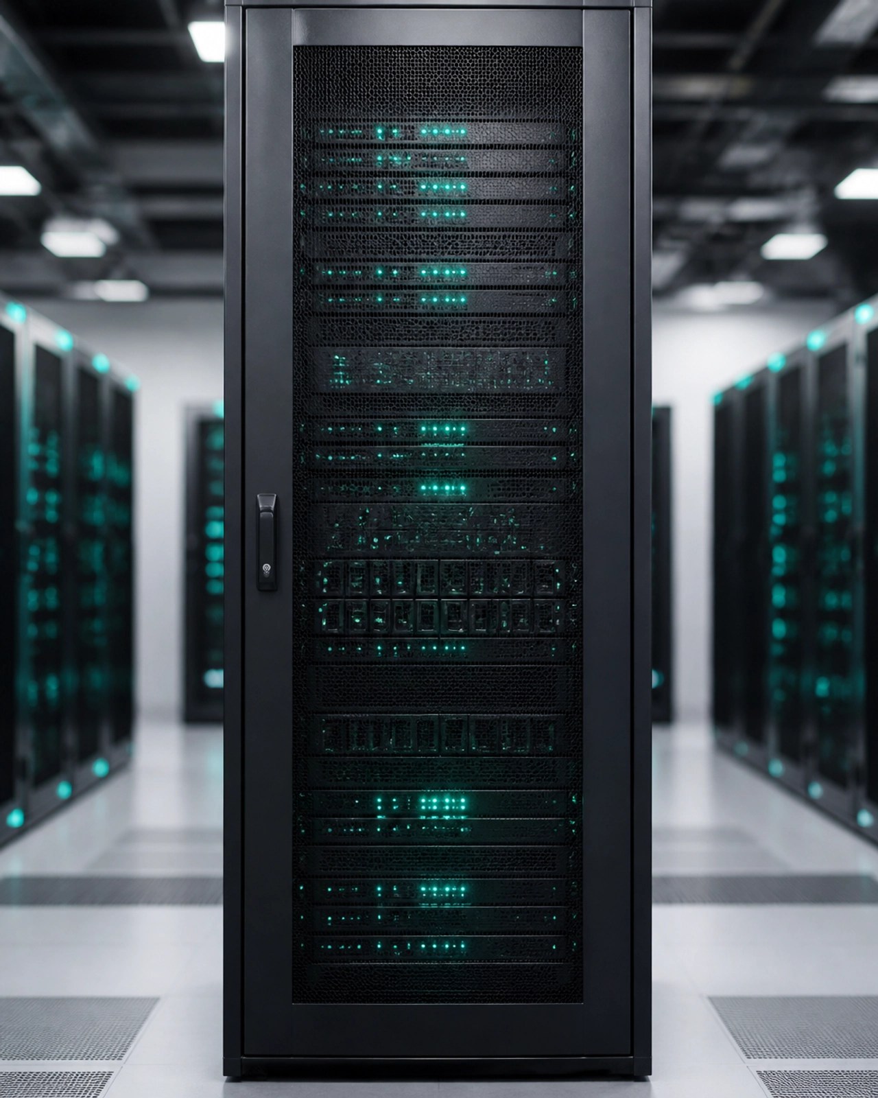 Architectural imagery of a modern data centre infrastructure with teal status lights