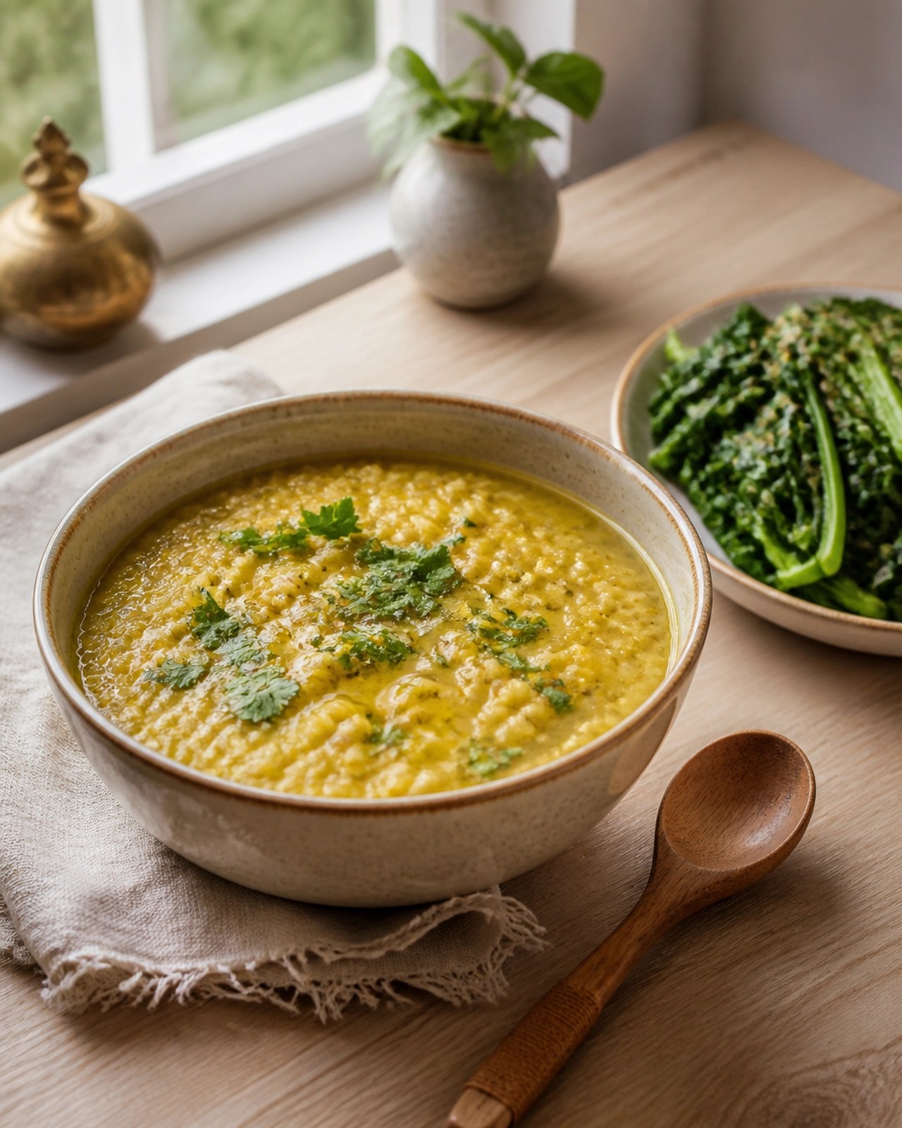 A nourishing Ayurvedic meal consisting of yellow kitchari and steamed greens