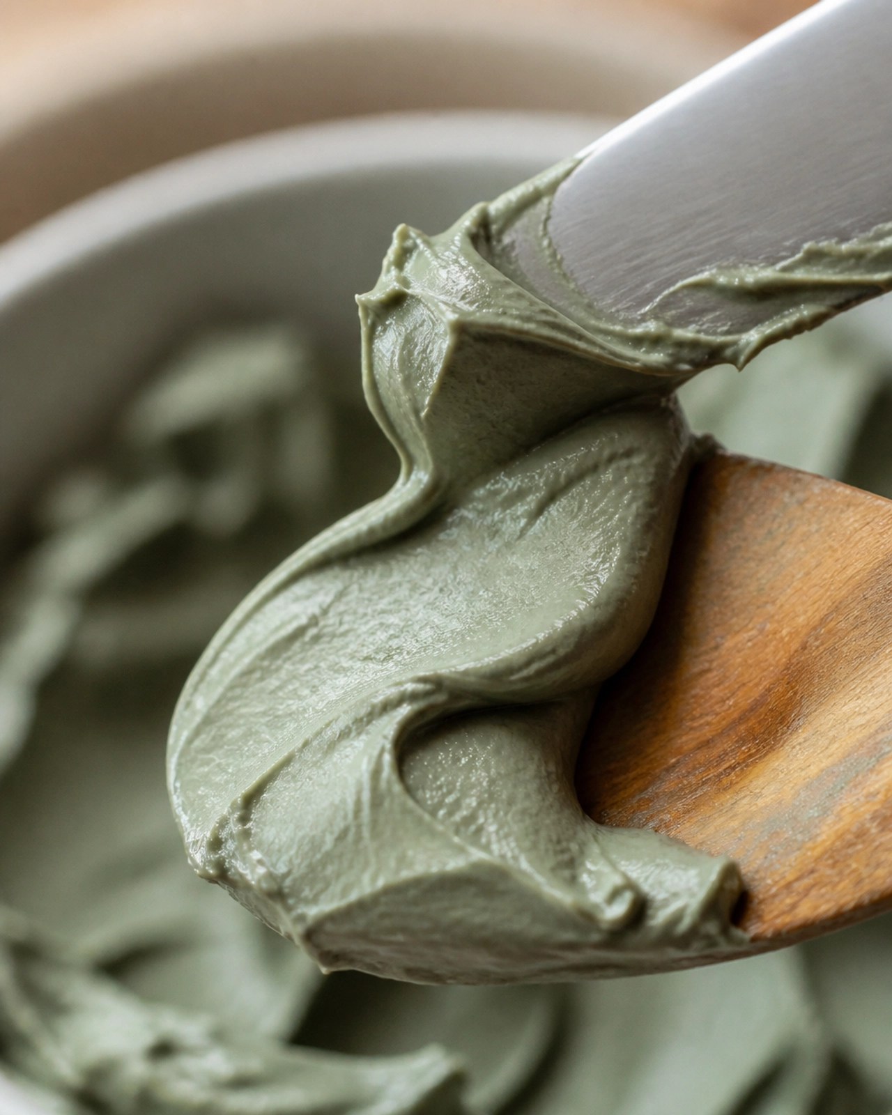 Macro texture of smooth green clay paste