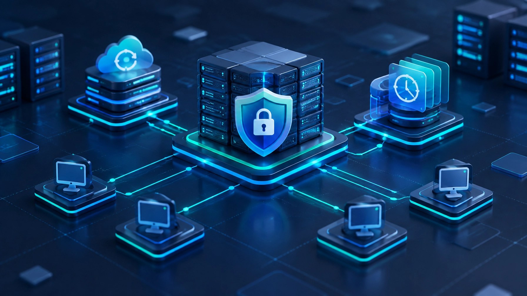 Resilient digital infrastructure with backup layers, restore checkpoints and monitored connection lines