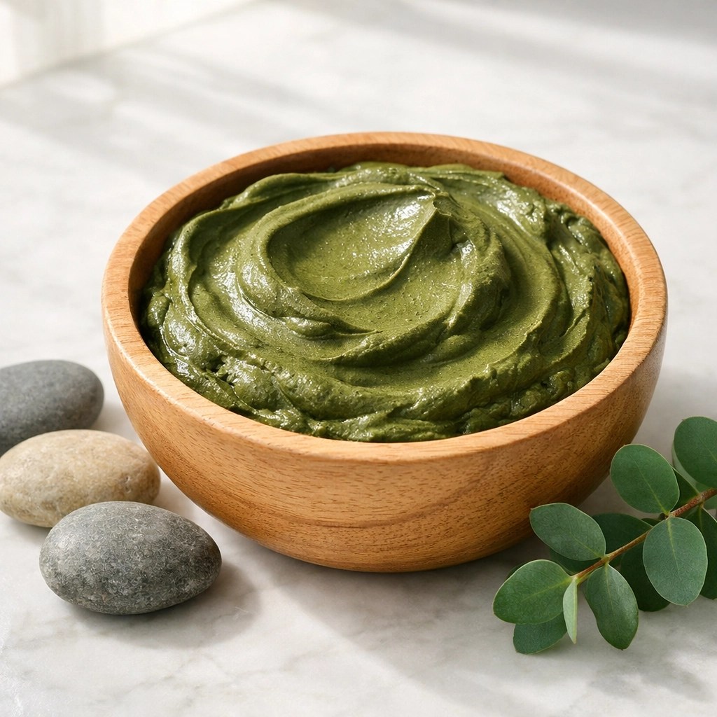 Pure olive-green mineral clay in a wooden bowl, highlighting the purity of French green clay for sports recovery.