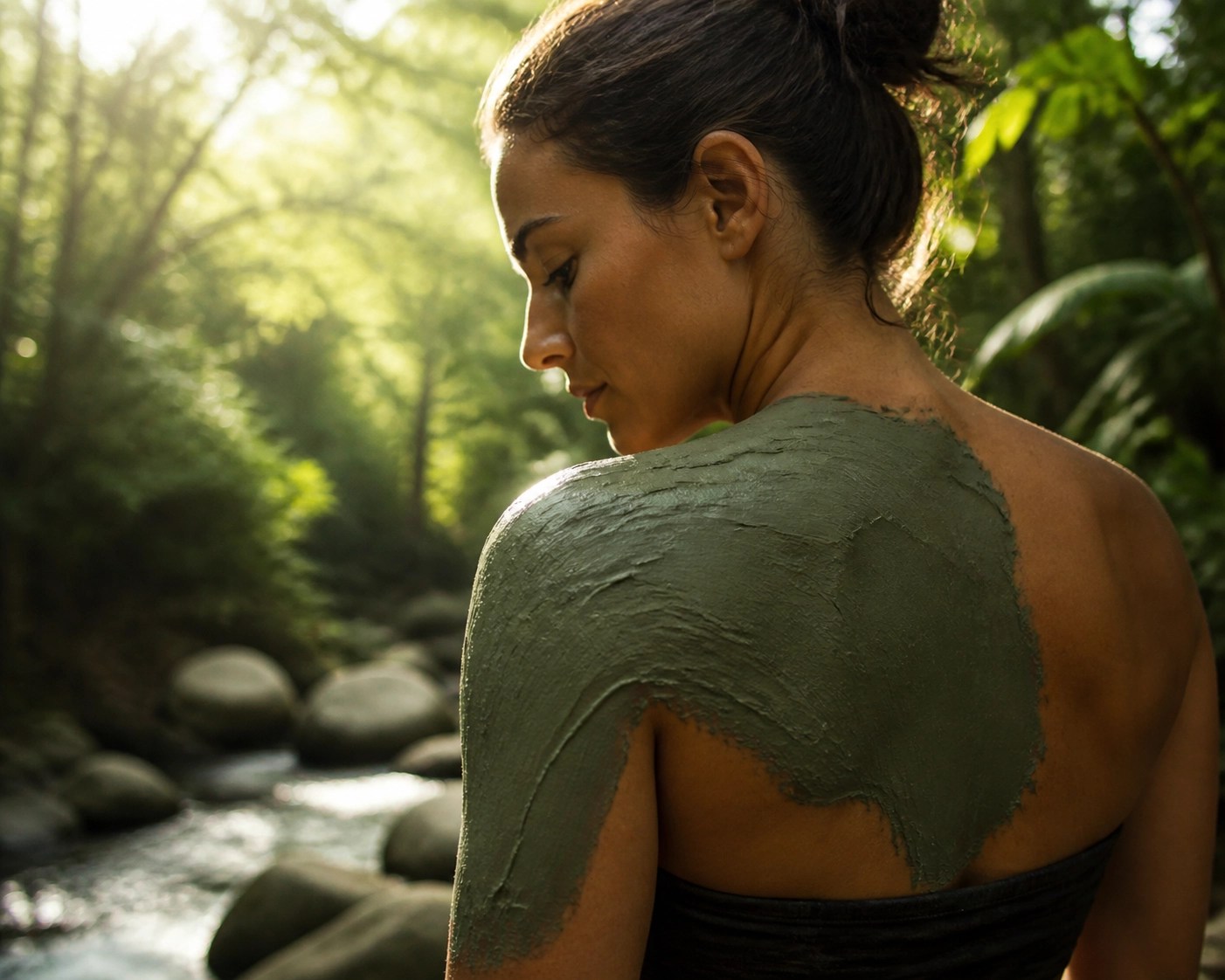 Green clay detox paste applied to an athlete's shoulder for natural muscle recovery and skin cleansing.