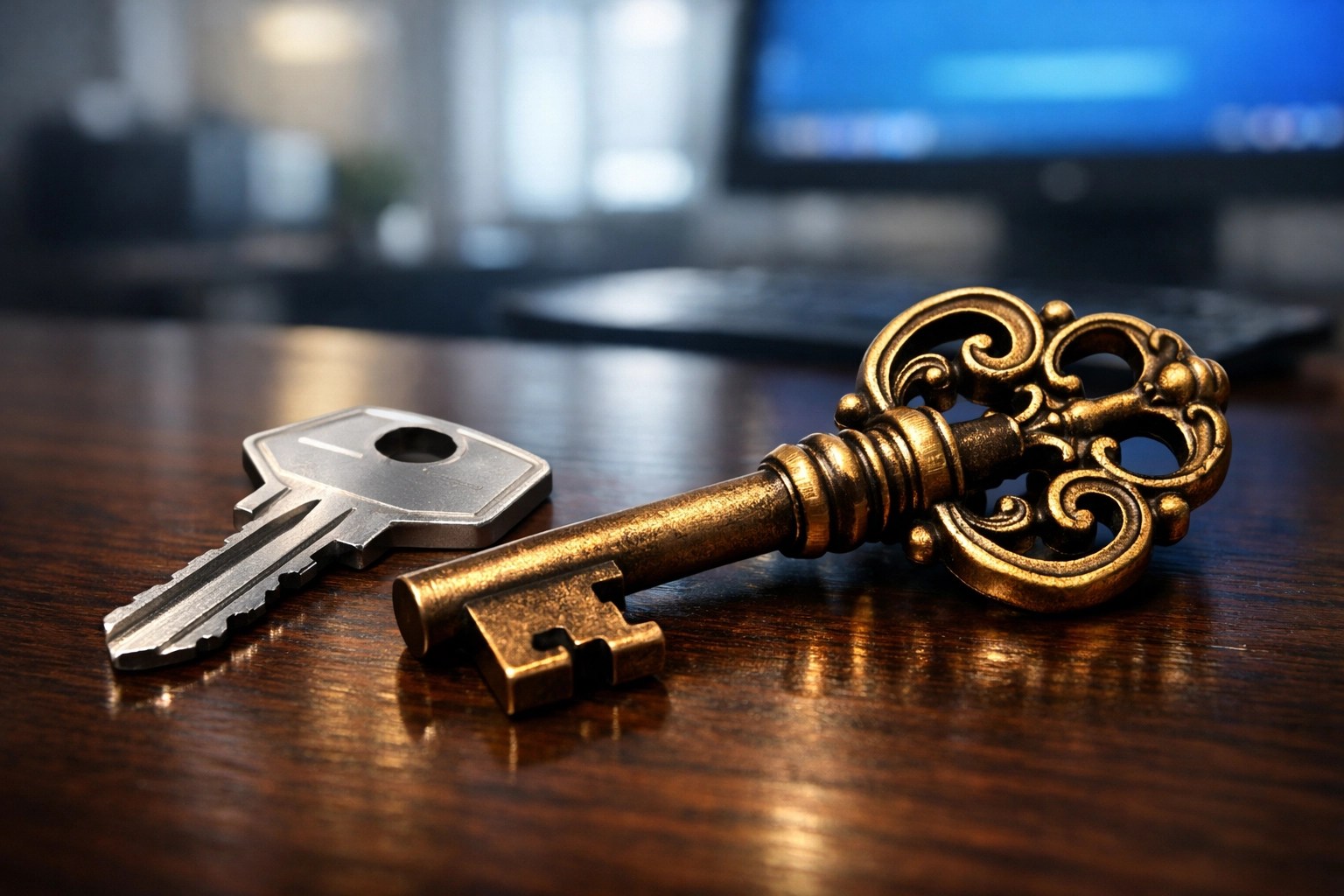 Two keys on a desk symbolizing separate daily email and Microsoft 365 Global Admin accounts for security.
