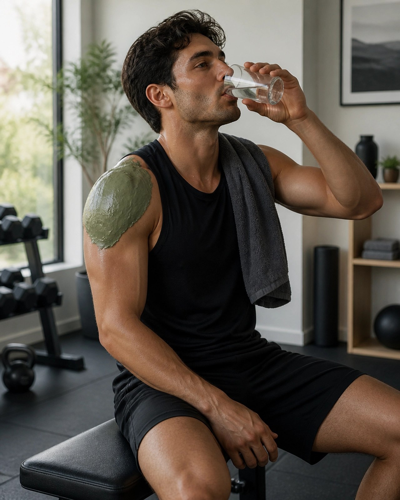 Athlete with clay poultice on shoulder resting
