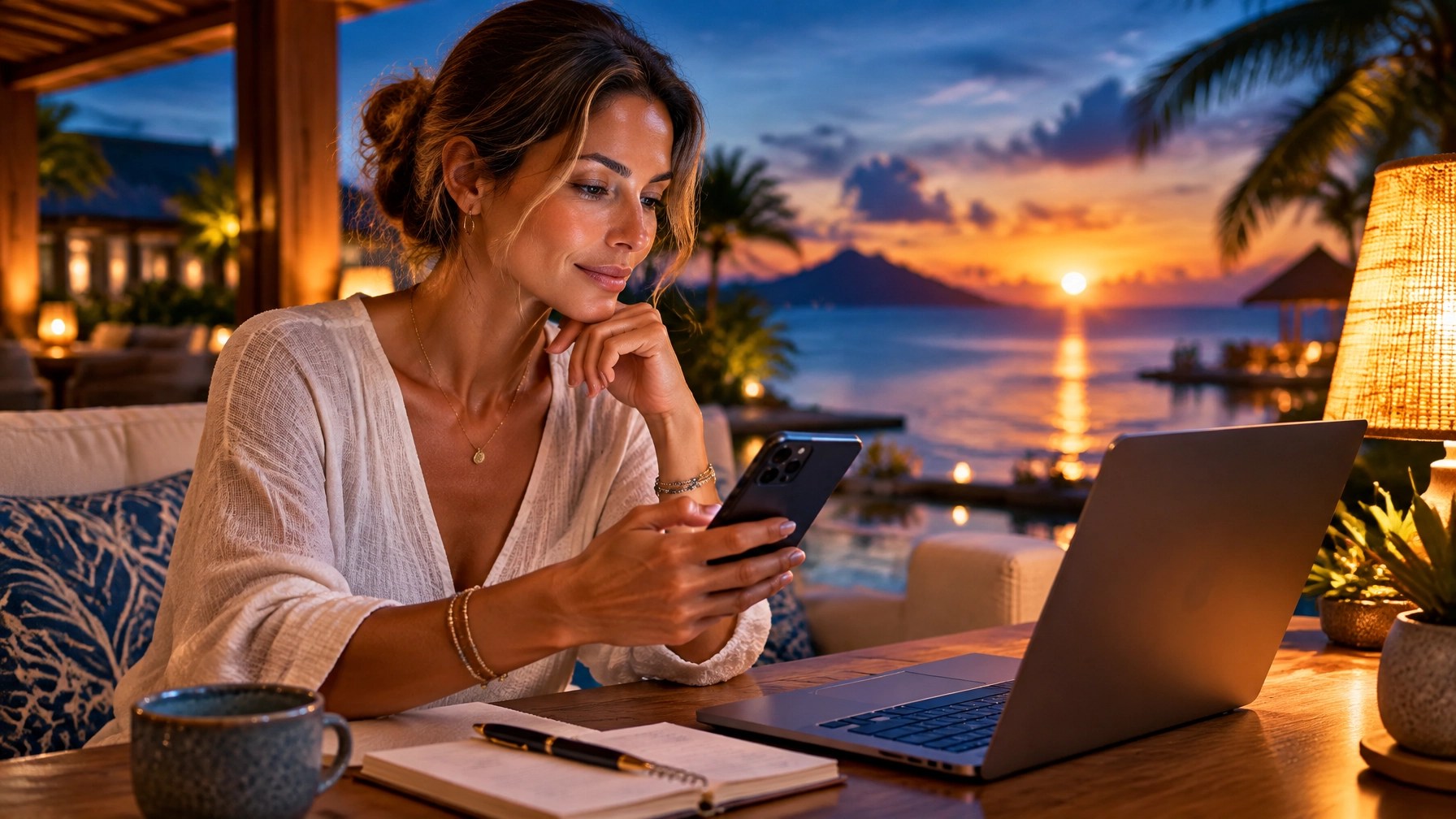 A traveller comparing accommodation details on a phone in a welcoming resort lounge at dusk