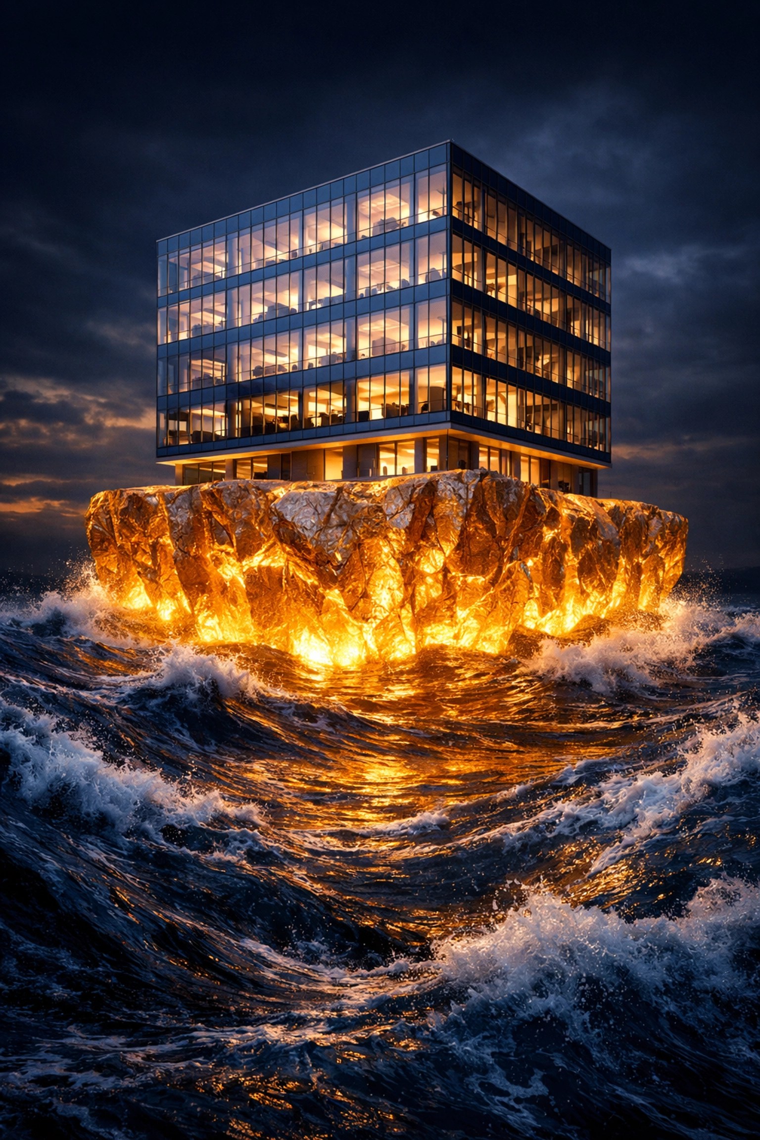 Atlanta office building above rising waters, symbolizing stronger business liability coverage in 2026