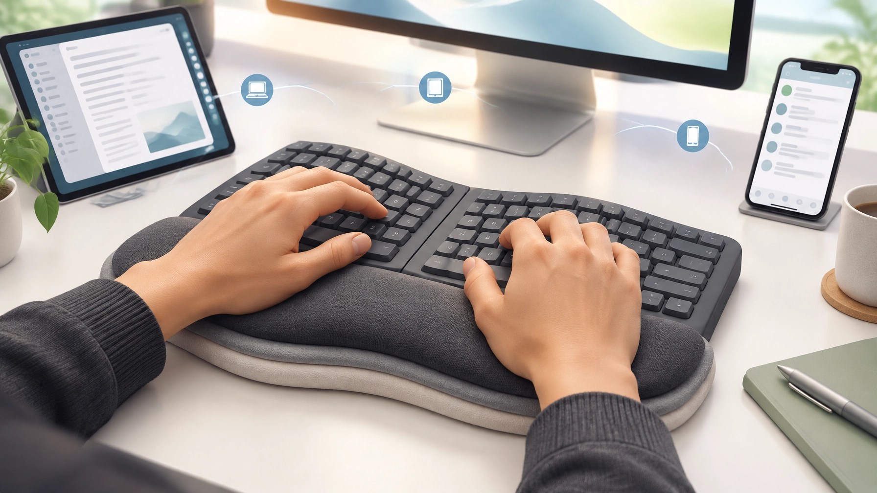Relaxed hands typing on a compact ergonomic keyboard with tablet and phone nearby
