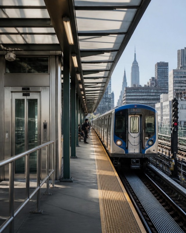 Modernized New York City subway platform with an arriving MTA train and accessibility infrastructure