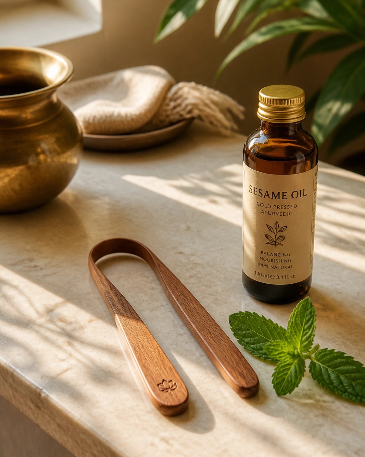 A high-quality, warm-toned photograph of a morning Ayurvedic ritual featuring a wooden tongue scraper and herbal oil.