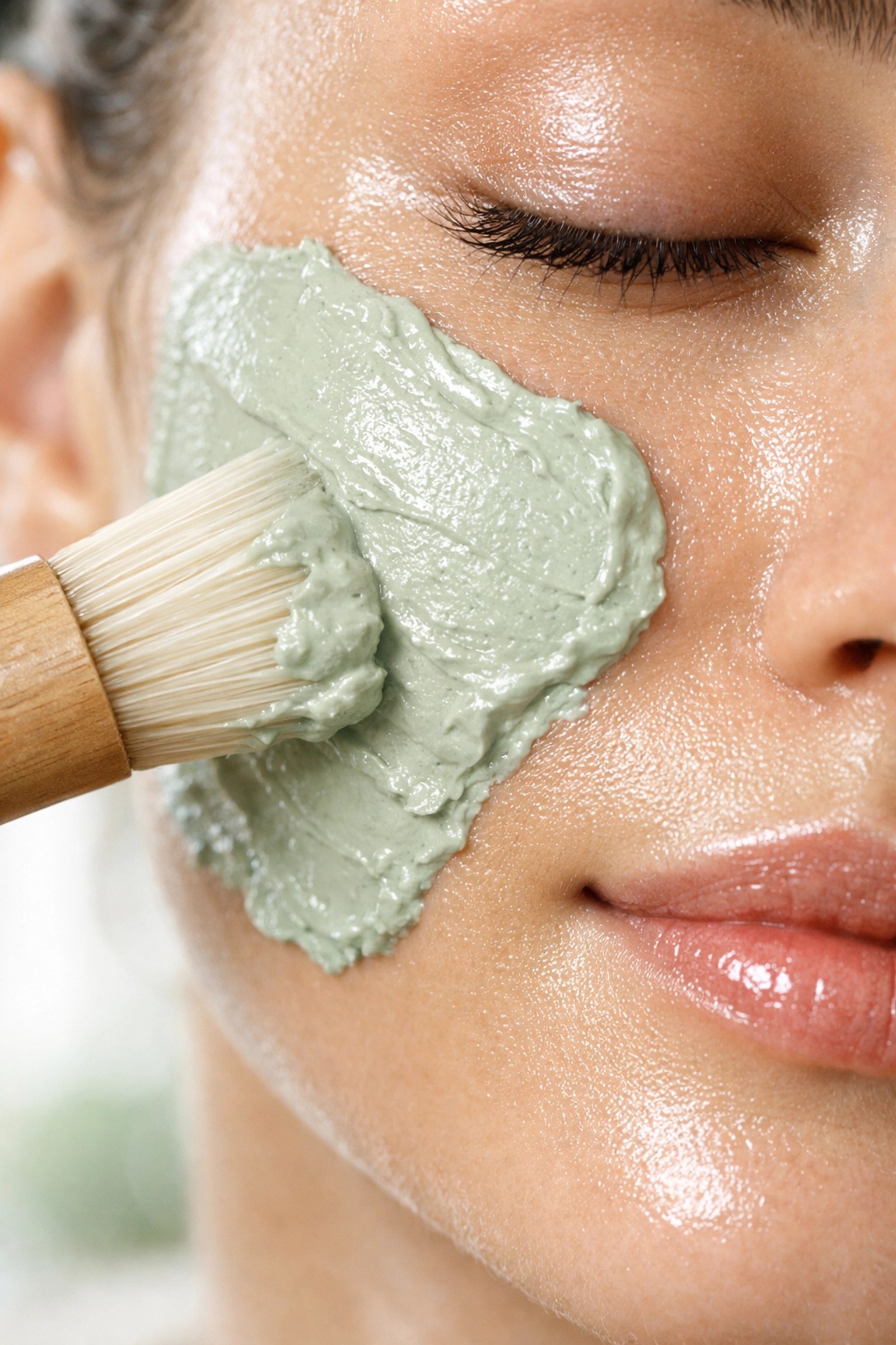Applying a green clay facial mask with a brush to exfoliate and reveal clear, glowing skin.