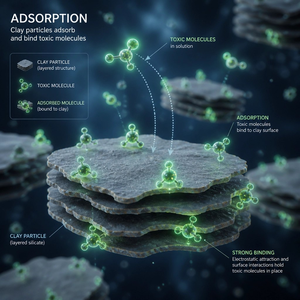 Microscopic 3D illustration of clay particles binding to toxins