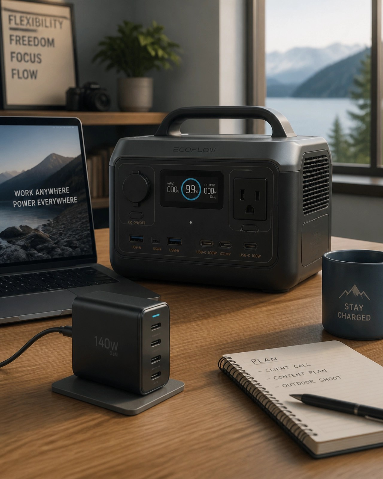 A portable power station and a high-power GaN USB-C charger on a wooden desk. 3D digital illustration style, smooth textures, muted colors.