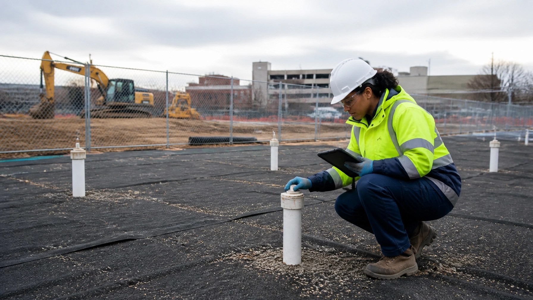 LSRP inspecting groundwater monitoring wells and an engineering control at a New Jersey redevelopment site