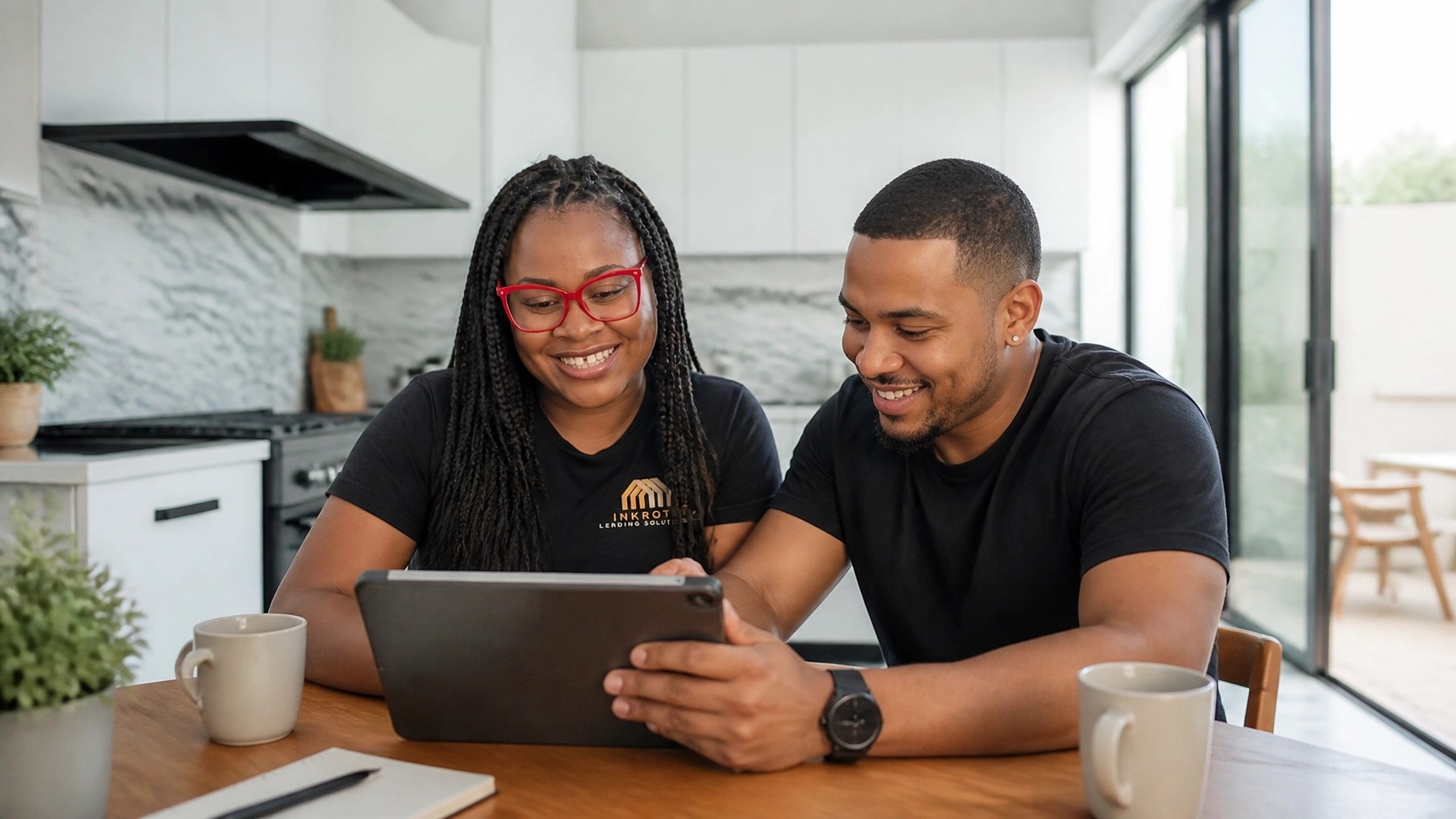 A happy couple looking at home listings on a tablet together, feeling confident because they are pre-approved