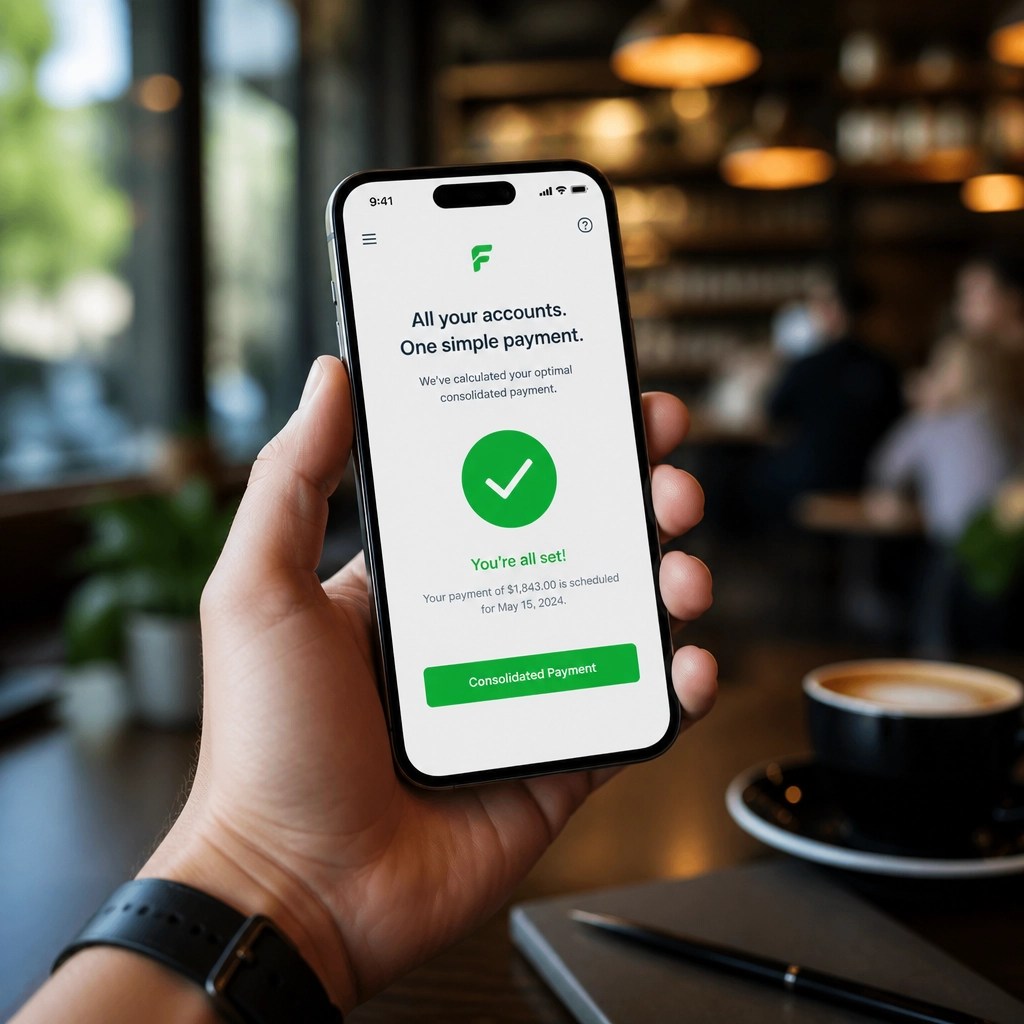 A modern financial app on a smartphone showing a simplified 'Consolidated Payment' interface.