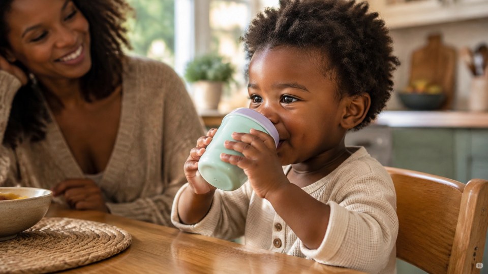 A happy Black toddler drinks water from a colorful cup at home as a caregiver smiles nearby