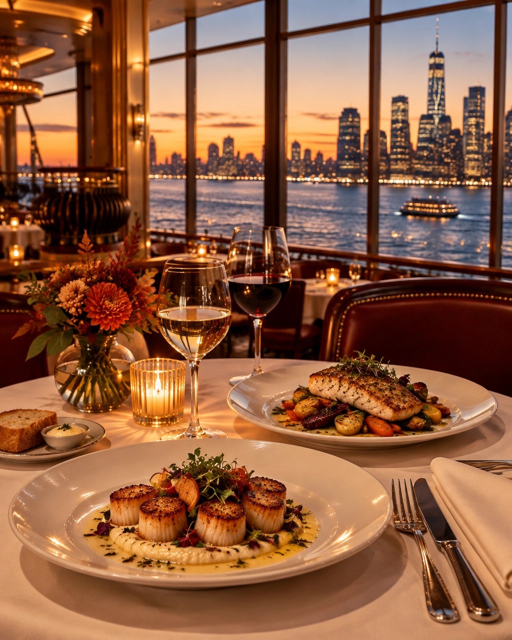 Elegant fall seafood dinner with scallops and grilled fish near Manhattan Cruise Terminal