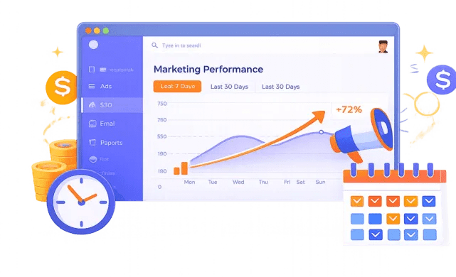 Illustrated dashboard displaying marketing performance analytics with weekly progress and icons for scheduled tasks.