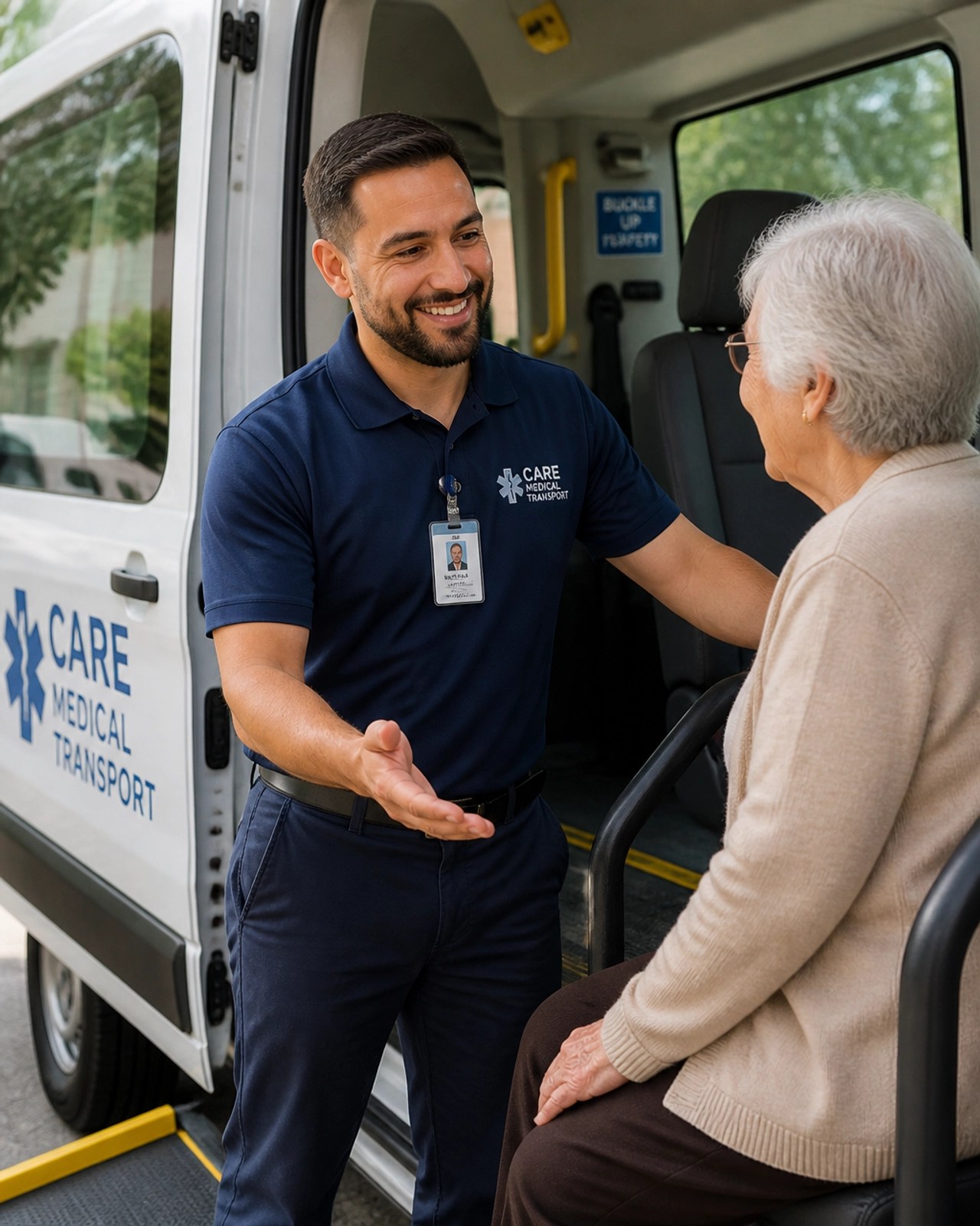 A professional driver assisting a patient with dignity and respect