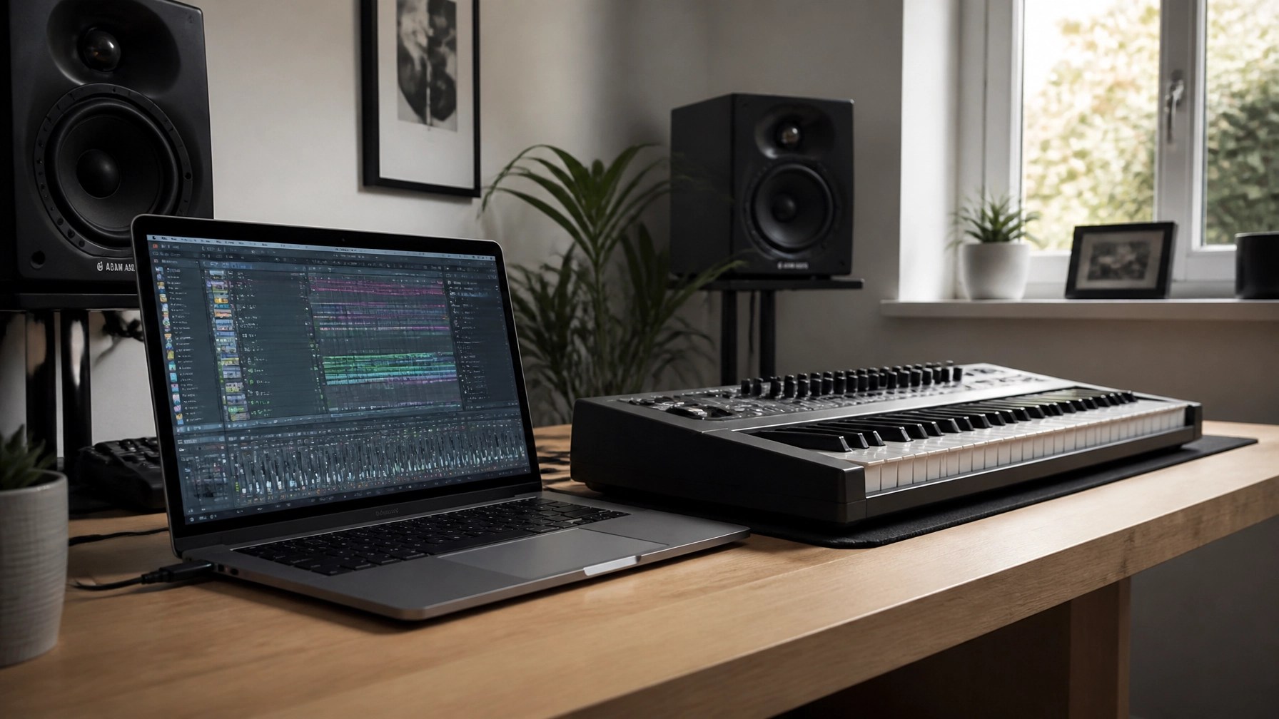 Modern home studio setup with a laptop and MIDI keyboard
