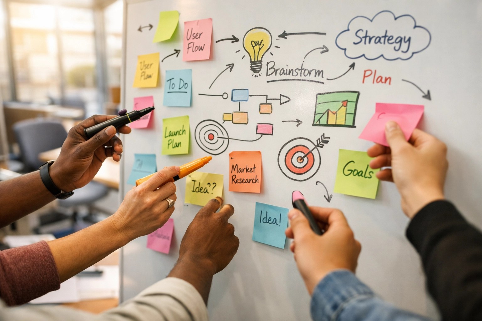 Team collaboration session with whiteboard showing engagement strategy planning and problem-solving