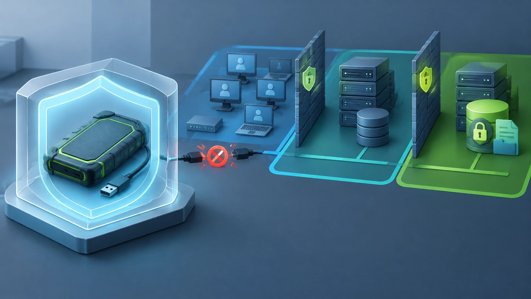 Illustration of an isolated encrypted backup drive protected by a shield alongside segmented network zones