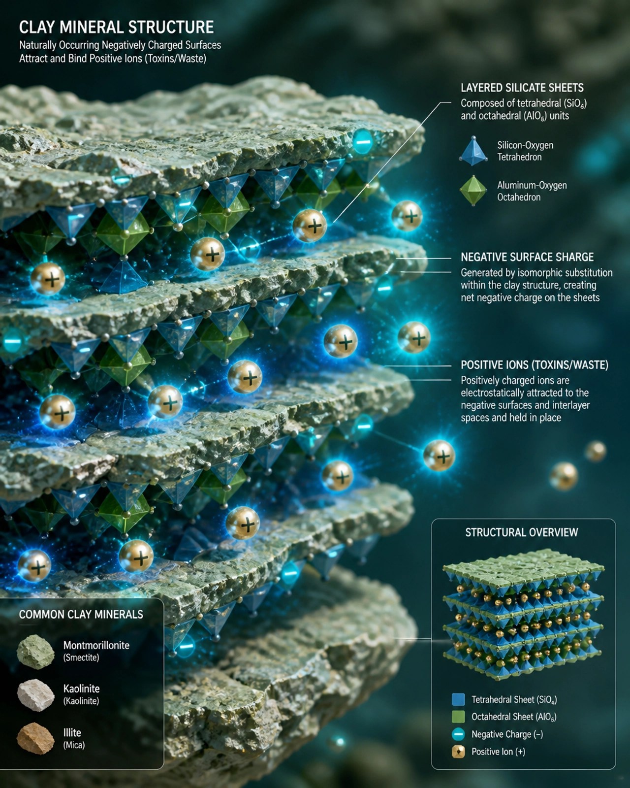 Microscopic 3D visualization of clay minerals attracting positive ions