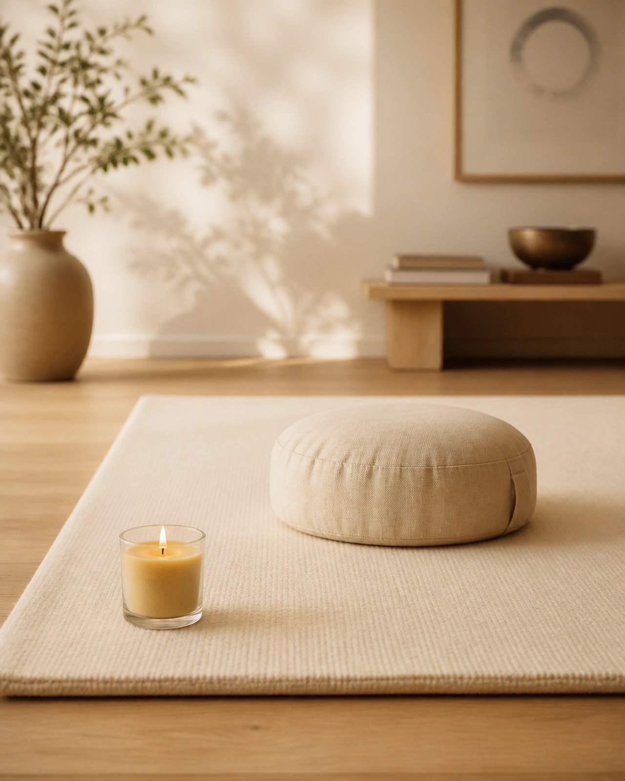 A peaceful meditation setting with a cotton mat, cushion, and a lit candle, symbolizing inner stillness.