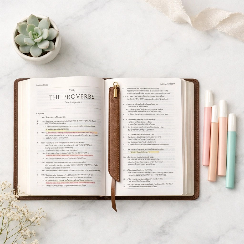 Bible open to Proverbs with a leather bookmark and highlighters, showing a grace-led faith journal journey.