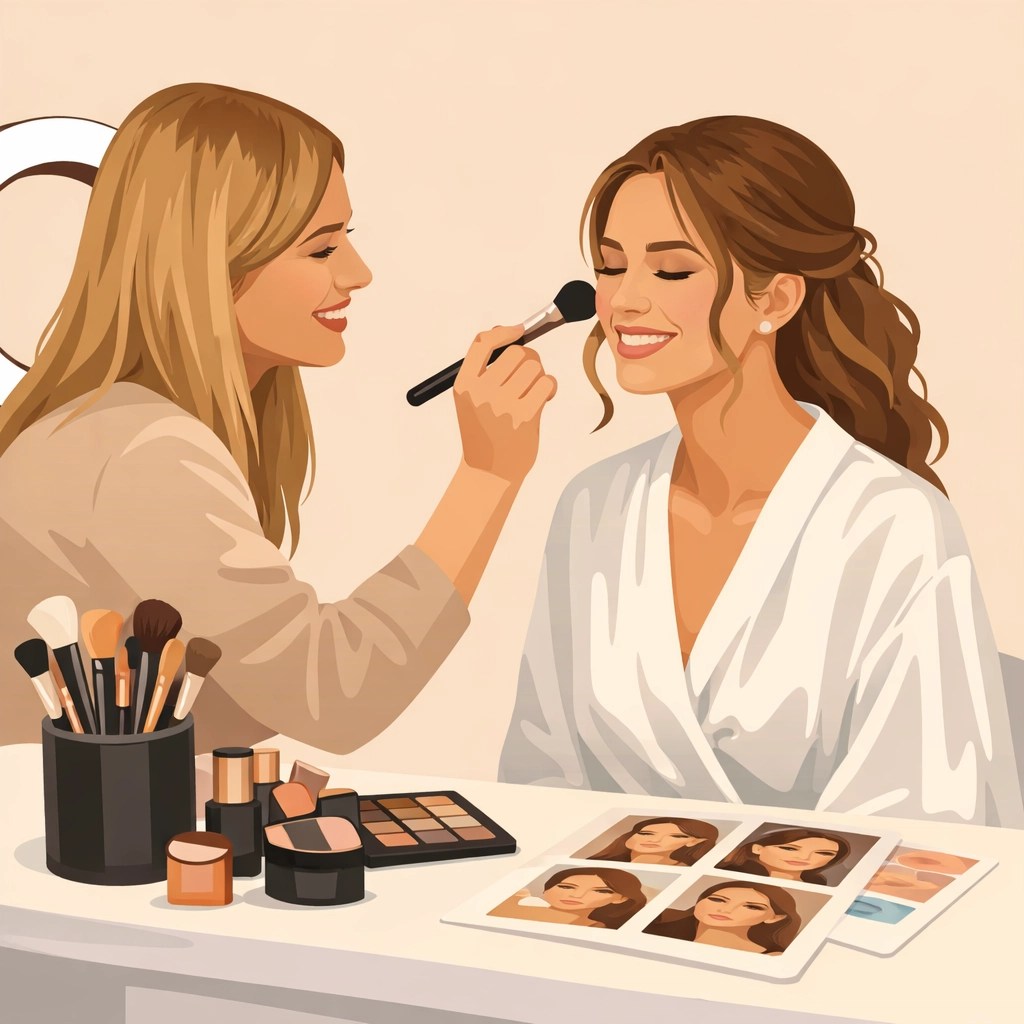 Makeup artist applying makeup to bride during wedding trial session