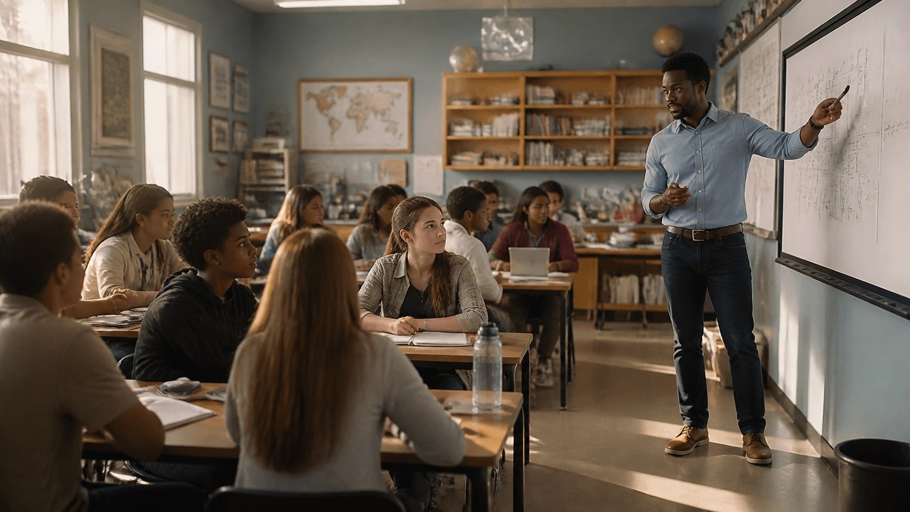 A teacher guiding diverse high school students through focused classroom learning and collaborative foundation building