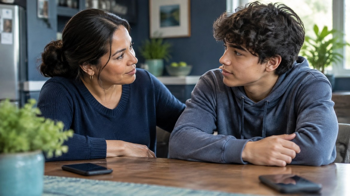 A Latina mother listens attentively as her teenage son shares his thoughts at home