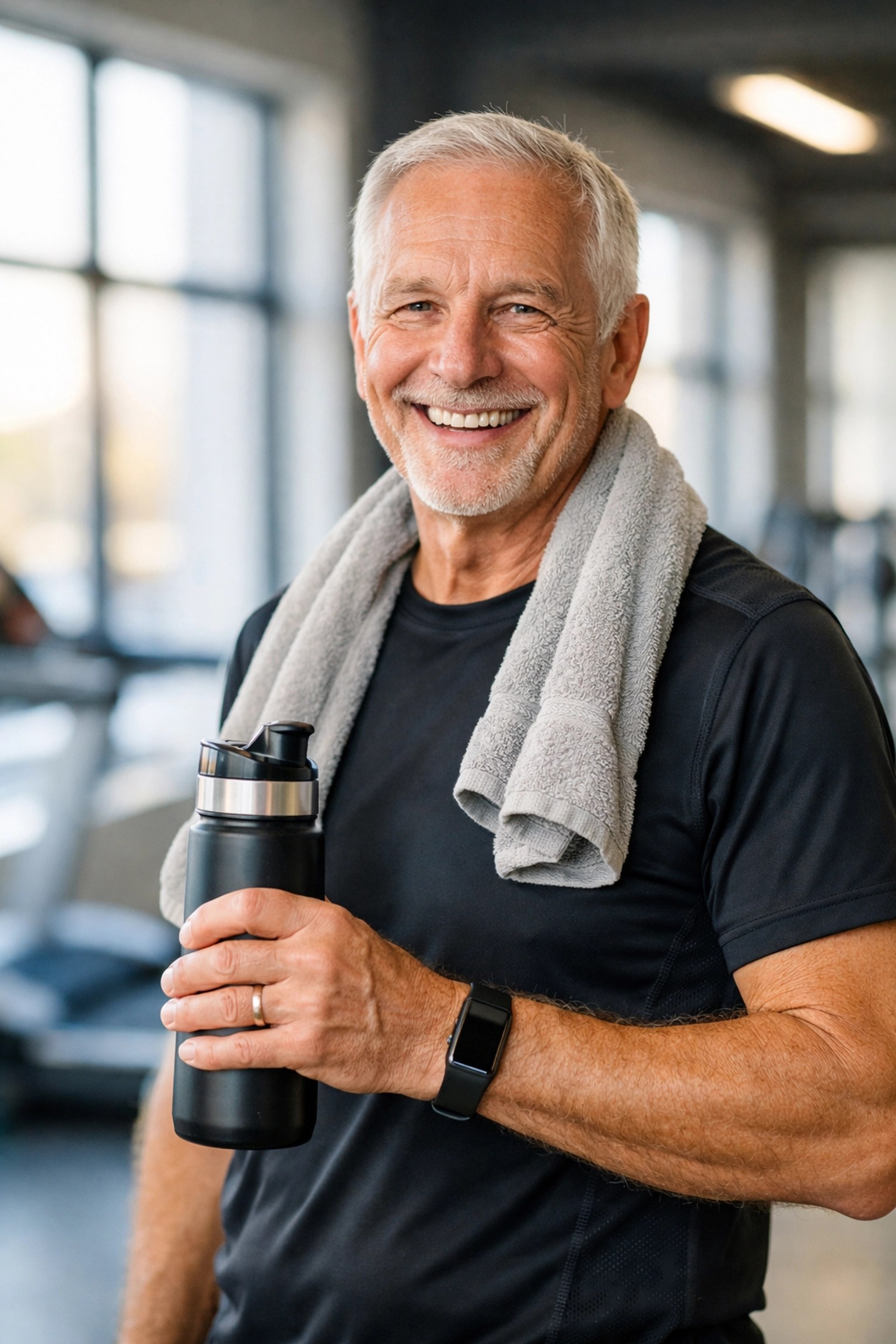 Healthy senior man using a fitness tracker, reflecting the lifestyle and wellness benefits of 2026 Medicare plans.