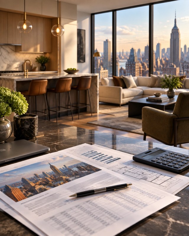 Refined Manhattan apartment interior with city views and real estate paperwork