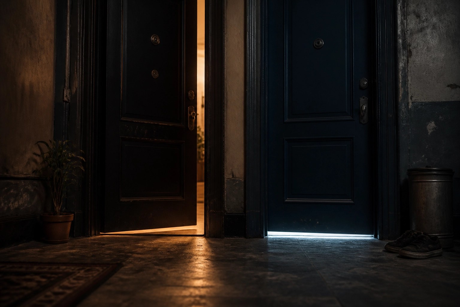 Dim Brooklyn hallway with two apartment doors and contrasting light, capturing sibling tension, distance, and the chance for a truce.
