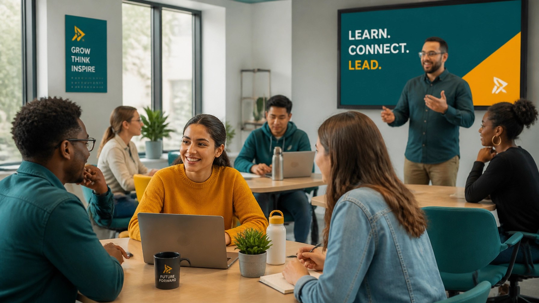 A diverse group of students and professionals interacting in a modern seminar setting, emphasizing networking and growth.