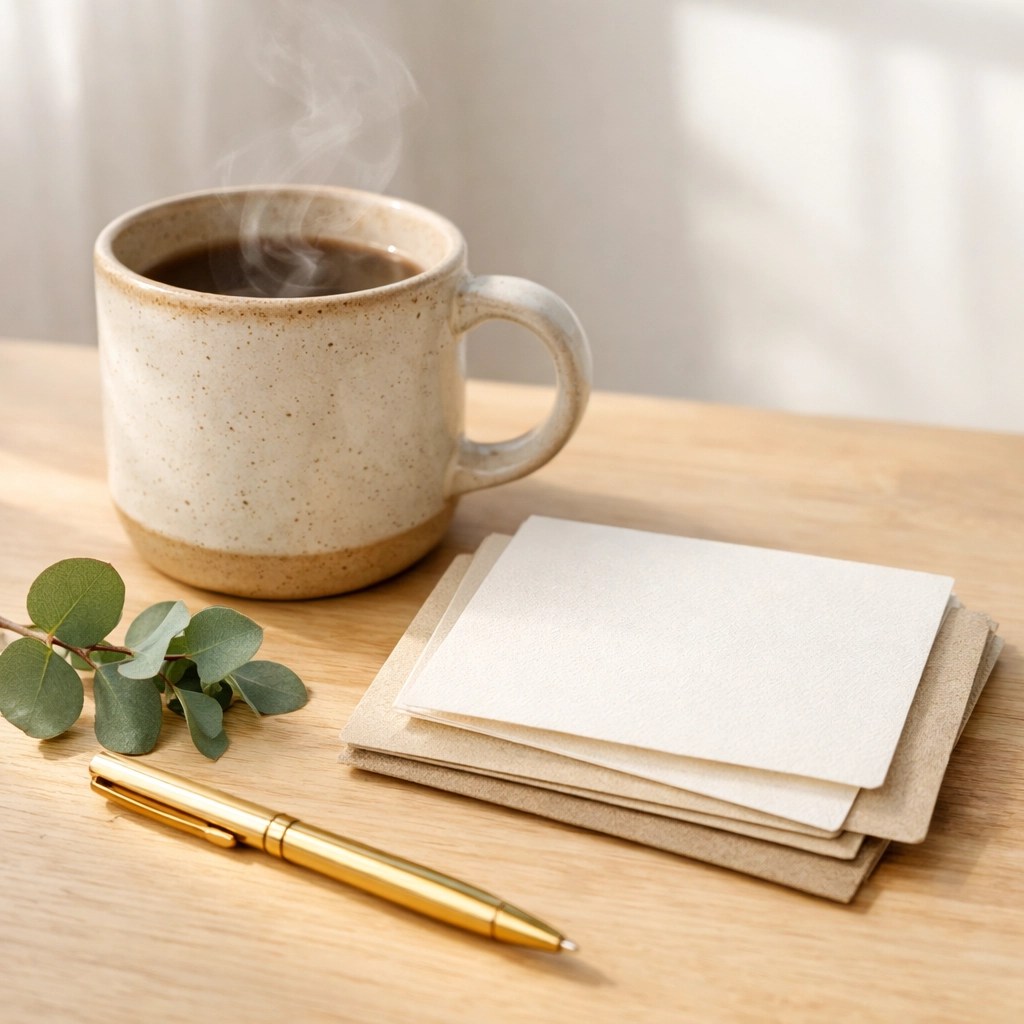 Peaceful desk setup with a mug and stationery for an intentional morning routine of Spirit-led rest.
