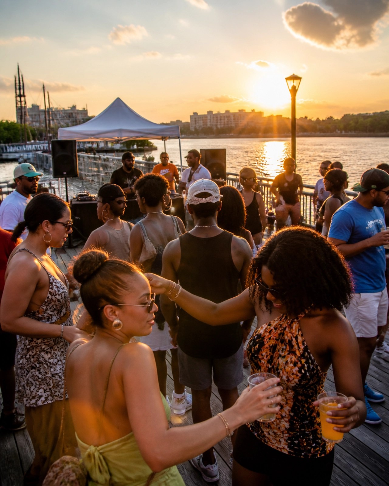 A vibrant riverfront deck in Wilmington with people dancing at sunset