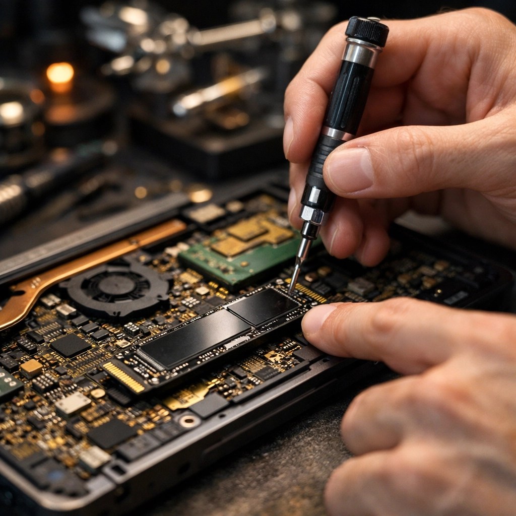 Professional computer repair services technician installing a hardware upgrade in a laptop.