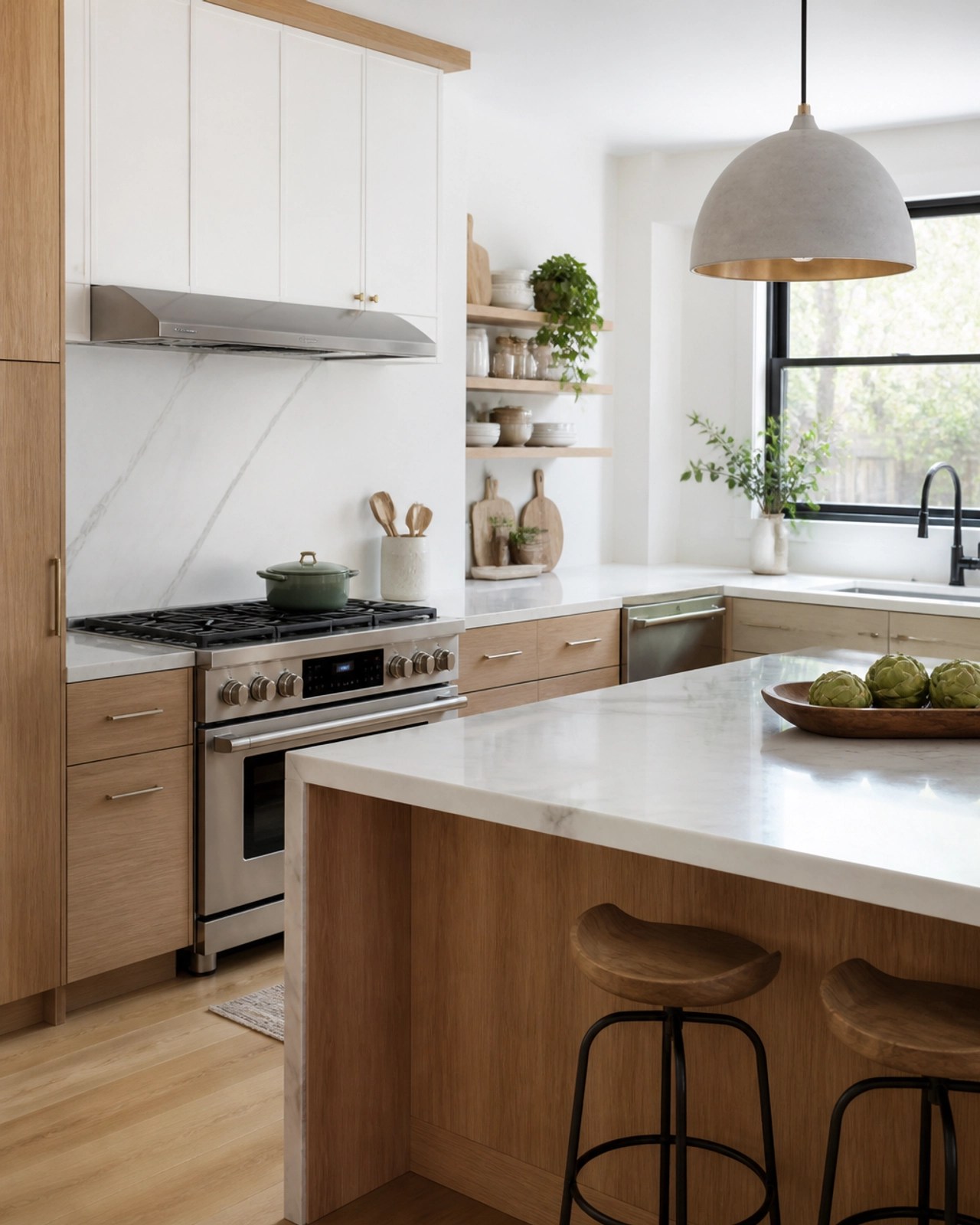 A bright and airy modern kitchen renovation with marble countertops and natural wood accents, representing a popular use of home equity.