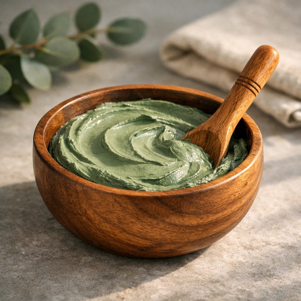 Green clay paste in a wooden bowl with a bamboo spoon to preserve ionic healing properties.