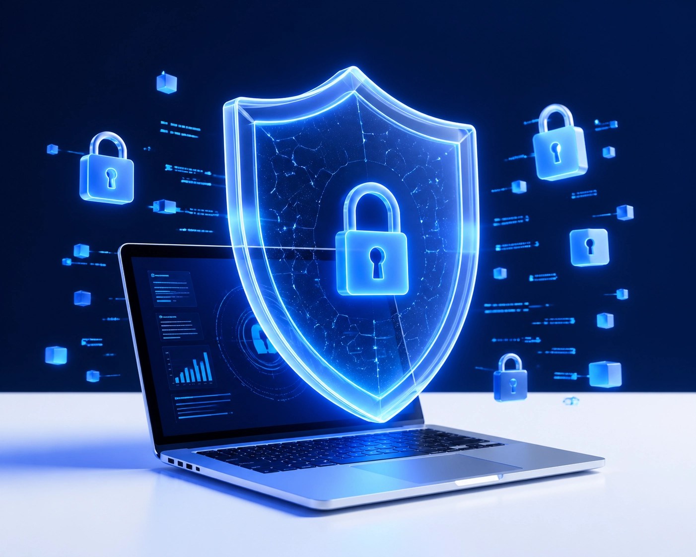Digital shield over a laptop illustrating secure remote IT support and data protection protocols.