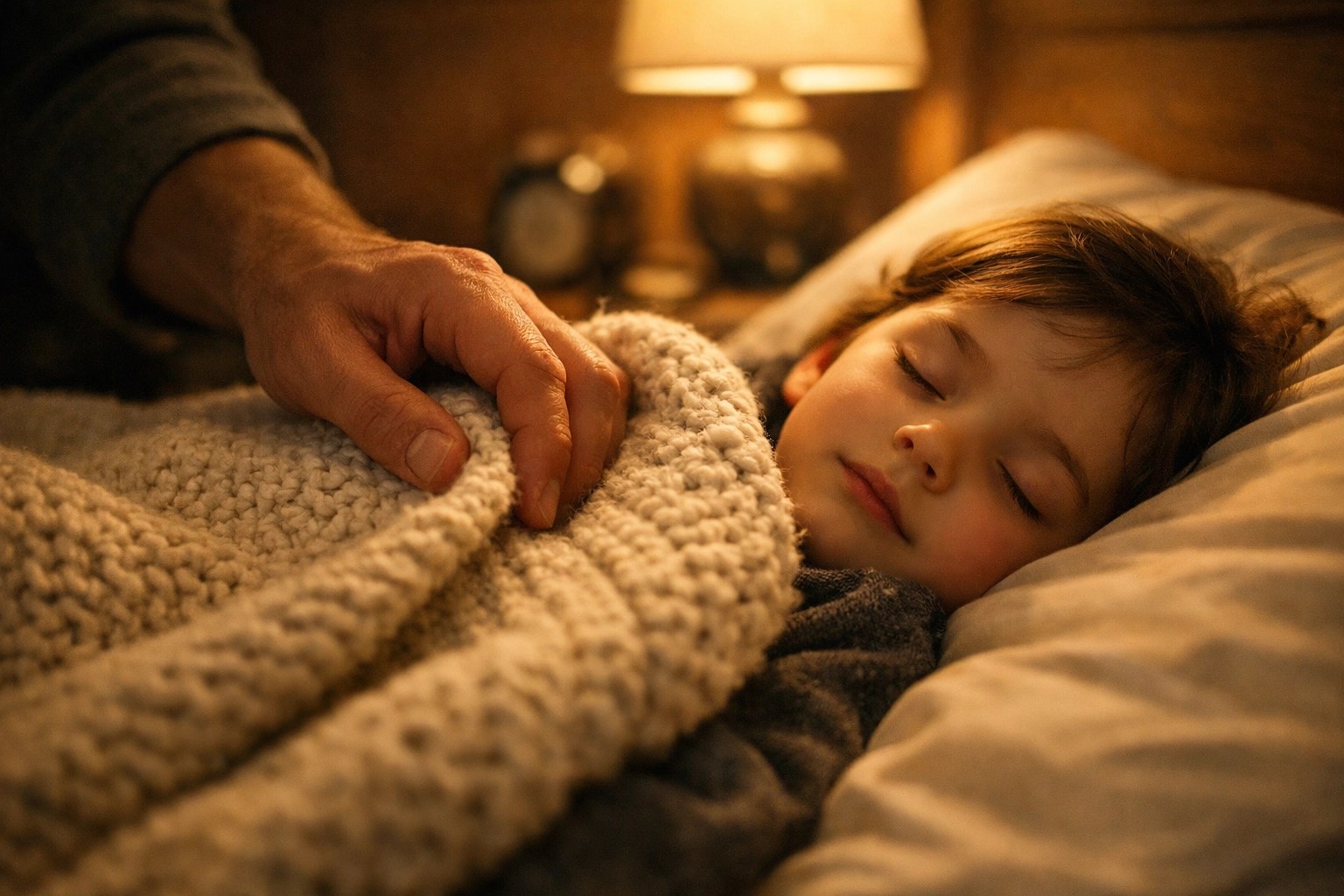 Father tucking in child to show the emotional peace of mind provided by a successful insurance agency.
